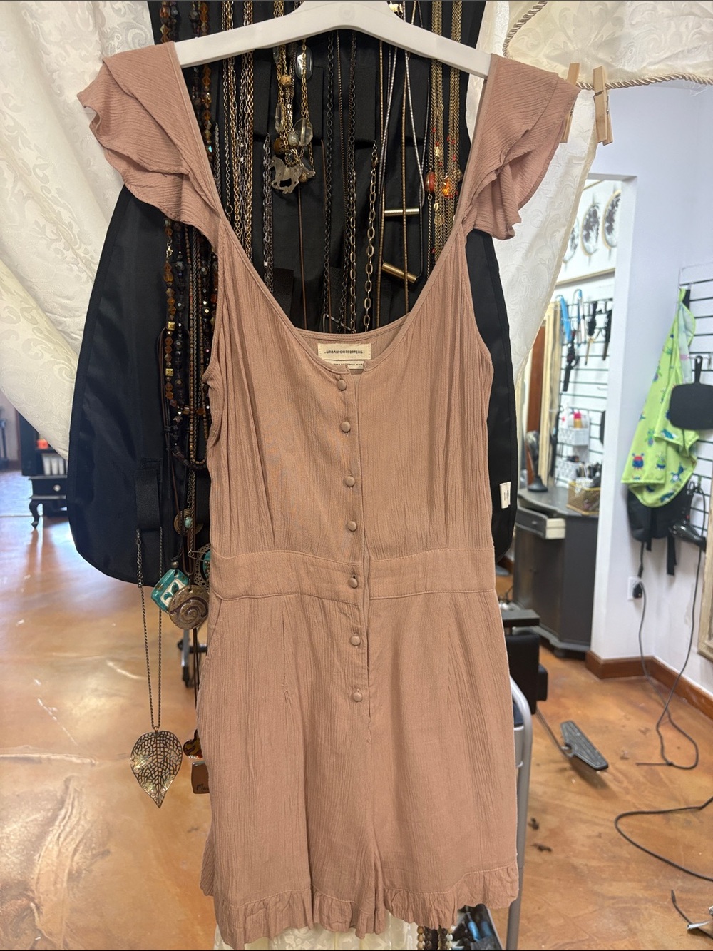 Urban Outfitters Ruffled Sleeve Button-Front Mauve Romper